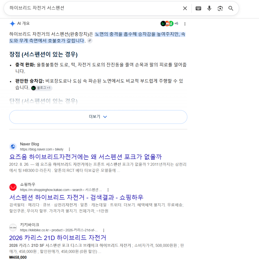 상업형 쿼리 하이브리드 자전거 서스펜션의 검색 결과 페이지