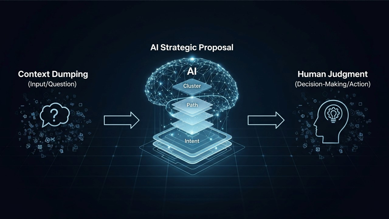 비즈니스 맥락을 리스닝마인드 MCP에 전달하고 사람이 의사 결정하는 업무 구조에서 리스닝마인드 MCP가 세 가지 핵심 데이터 레이어(클러스터 파인더, 패스 파인더, 인텐트 파인더)를 통해 데이터 분석 로드맵을 제안한다는 개념을 시각화한 이미지