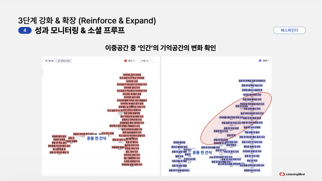 리스닝마인드 패스파인더를 통해 소비자의 검색 경로를 과거와 비교 분석하는 화면