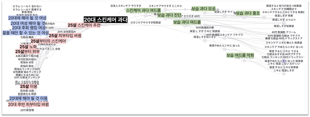 20대 스킨케어 과다 검색 경로 분석, 25살 스킨케어 추천과 보습 과다 진단·여드름 키워드 연결