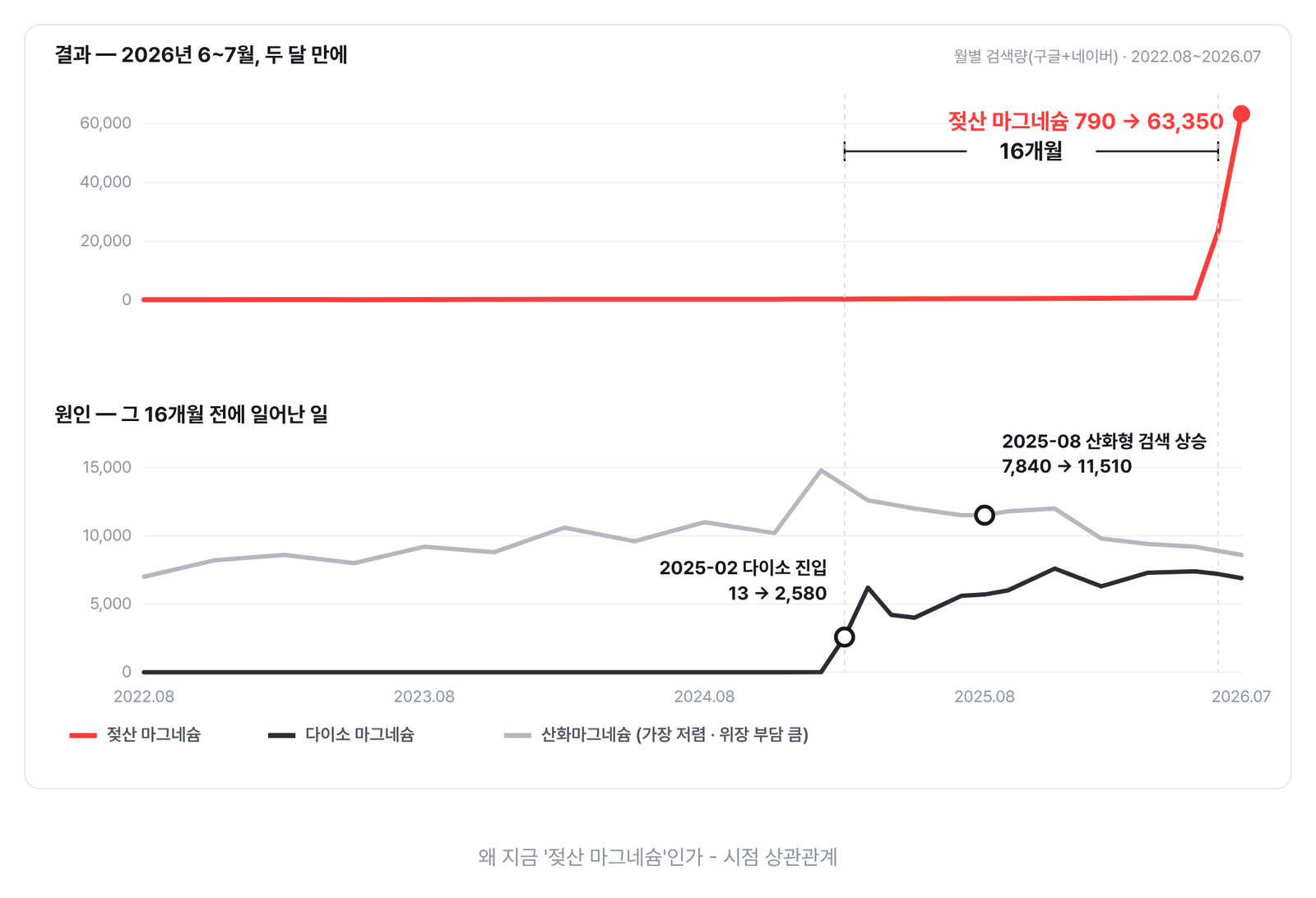 젖산 마그네슘 급등과 16개월 전 다이소 진입·산화마그네슘 검색 상승을 비교한 시계열 그래프